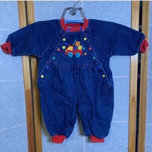 Vintage Jet Set Babies Denim Romper 6M Blue Truck Embroidery Red Trim 90s Retro